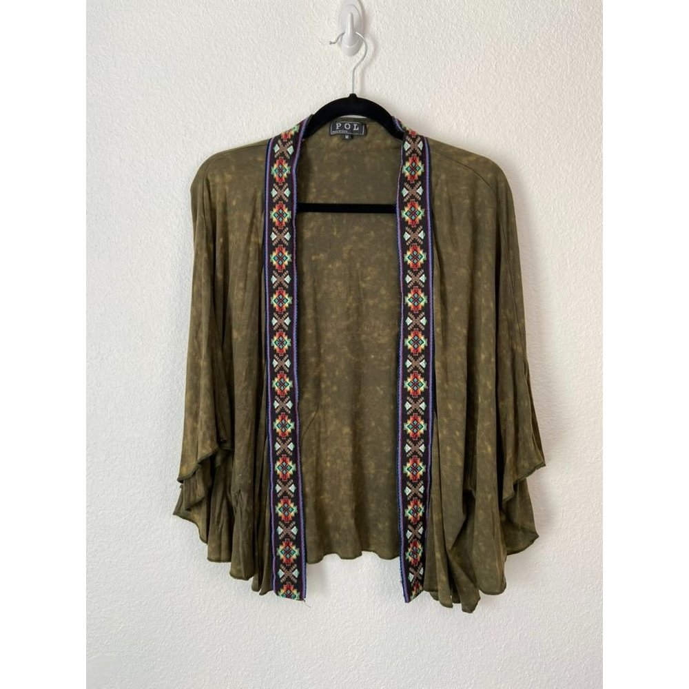 POL women's medium green open front kimono aztec patterned casual cardigan‎